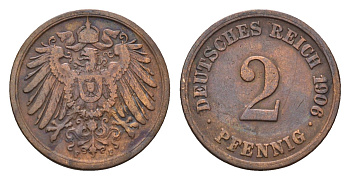 Германия 2 пфеннига 1906 F, Вильгельм II (1888-1918) KM 16, J. 11 медь 4684-1118