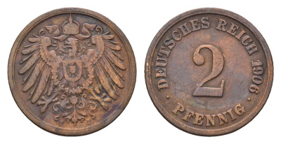 Германия 2 пфеннига 1906 F, Вильгельм II (1888-1918) KM 16, J. 11 медь 4684-1118