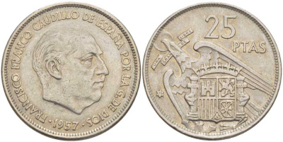 ИСПАНИЯ 25 ПЕСЕТ 1957 (75) ФРАНСИСКО ФРАНКО ДИКТАТОР ИСПАНИИ (1939-1975) KM 787 медно-никель 97-1135
