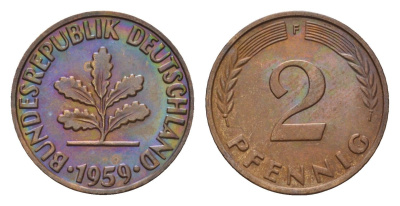 ФРГ 2 пфеннига 1959 F KM 106, J. 381 бронза 4528-467