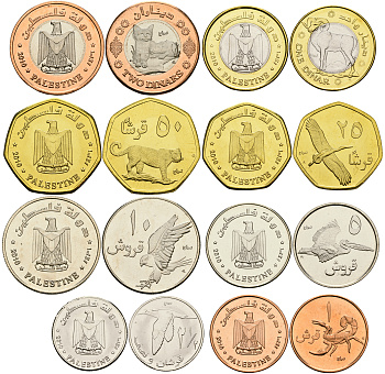 Палестина набор из 8 монет 2010 (1, 5, 10, 25 50 гирш, 1, 2 динара), птицы, две монеты биметалл UNC M83-15