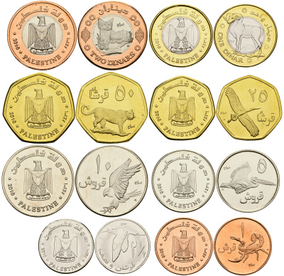 Палестина набор из 8 монет 2010 (1, 5, 10, 25 50 гирш, 1, 2 динара), птицы, две монеты биметалл UNC M83-15