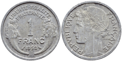 ФРАНЦИЯ 1 ФРАНК 1959 ТИП MORLON, LEGERE KM 885a.1, LE FRANC 221.23 алюминий 4397-717