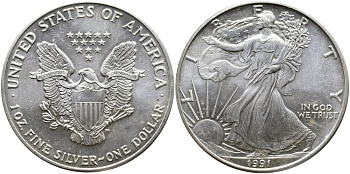 США 1 доллар 1991 шагающая свобода KM 273 серебро UNC 00-00