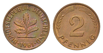 ФРГ 2 пфеннига 1961 F KM 106, J. 381 бронза 4576-752