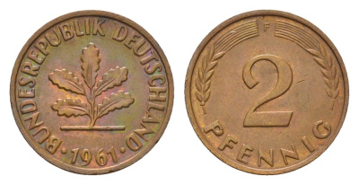 ФРГ 2 пфеннига 1961 F KM 106, J. 381 бронза 4576-752