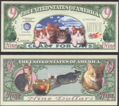 США 9 долларов 2002 без ума от кошек бумага UNC (пресс) 8615-19-1-2