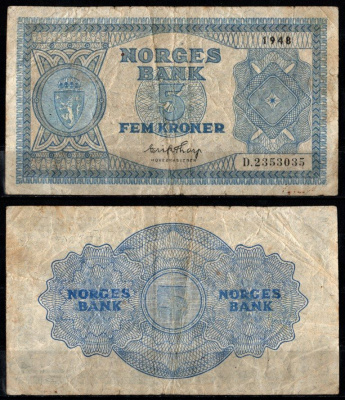 Норвегия 5 крон 1948 Pick 25 b бумага 7457-23-1-2