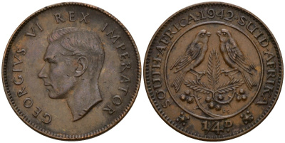 ЮАР 1/4 пенни 1942 Георг VI (1937-1952) KM 23 бронза 4164-634
