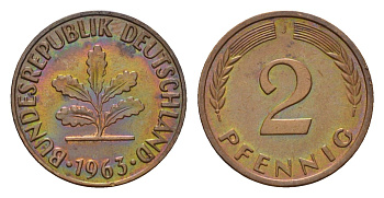 ФРГ 2 пфеннига 1963 J KM 106, J. 381 бронза 4564-1015
