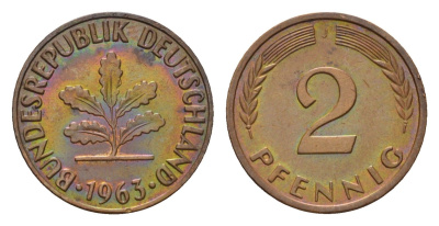 ФРГ 2 пфеннига 1963 J KM 106, J. 381 бронза 4564-1015