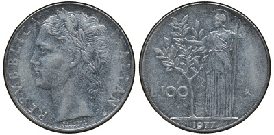 ИТАЛИЯ 100 ЛИР 1977 R , АФИНА KM 96.1 нержавеющая сталь 72-923