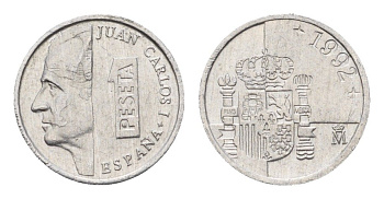 Испания 1 песета 1992 M, Хуан Карлос I (1975-2014) KM 832 алюминий 4684-1064