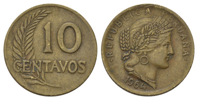 Перу 10 сентаво 1964 KM 224 латунь 4169-653