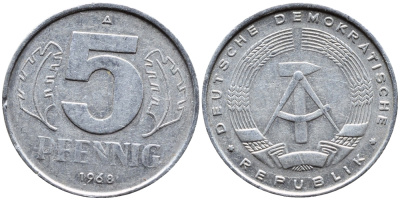 ГДР 5 ПФЕННИГОВ 1968 А KM 9.1 алюминий 4392-415