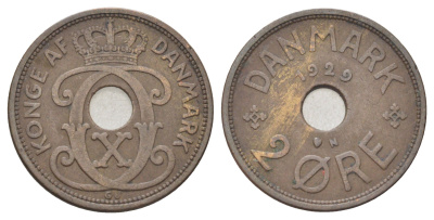 Дания 2 эре 1929 N, Кристиан X (1912-1947) KM 827 бронза 4701-748