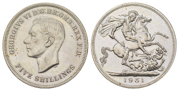Великобритания 1 крона (5 шиллингов) 1951 Георг VI (1936-1952), фестиваль Британии, Георгий Победоносец KM 880, Spink 4111 медно-никель UNC 4578-524