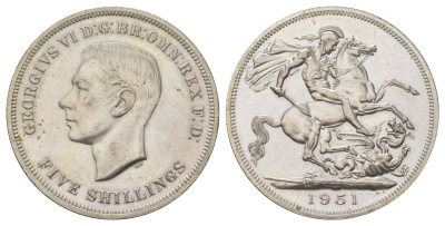 Великобритания 1 крона (5 шиллингов) 1951 Георг VI (1936-1952), фестиваль Британии, Георгий Победоносец KM 880, Spink 4111 медно-никель UNC 4578-524
