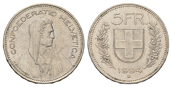 Швейцария 5 франков 1994 B KM 40a.4 медно-никель 4536-1036