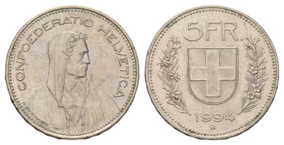 Швейцария 5 франков 1994 B KM 40a.4 медно-никель 4536-1036