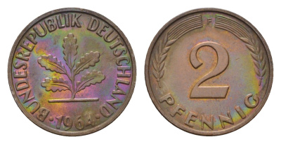 ФРГ 2 пфеннига 1964 F KM 106, J. 381 бронза 4564-1125