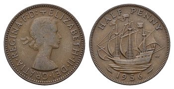 Великобритания 1/2 пенни 1956 Елизавета II (1952-2022) KM 896, Spink 4158 бронза 94-437