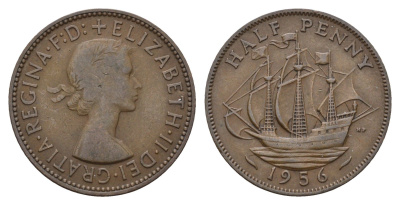 Великобритания 1/2 пенни 1956 Елизавета II (1952-2022) KM 896, Spink 4158 бронза 94-437