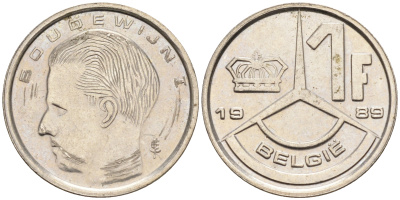 Бельгия 1 франк 1989 BELGIE KM 171 железо плакированное никелем 4594-569
