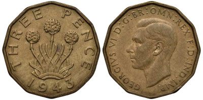 Великобритания 3 пенса 1943 Георг VI (1936-1952) KM 849, Spink 4112 никель латунь 117-1257