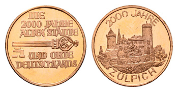 ФРГ медаль из серии 2000-летние города и места в Германии - Цюльпих 1980-ые диаметр 18 мм, вес 2,3 гр алюминий плакированный медью UNC 4674-414