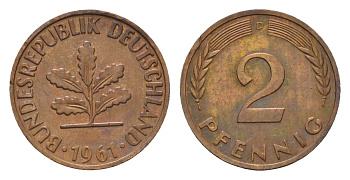 ФРГ 2 пфеннига 1961 D KM 106, J. 381 бронза 100-1149