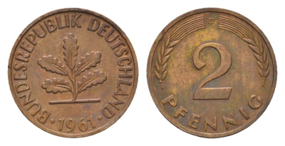 ФРГ 2 пфеннига 1961 D KM 106, J. 381 бронза 100-1149