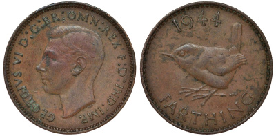 Великобритания 1 фартинг 1944 Георг VI (1936-1952) KM 843, Spink 4116 бронза 4128-913