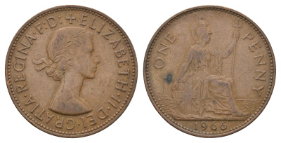 Великобритания 1 пенни 1966 Елизавета II (1952-2022) KM 897, Spink 4157 бронза 4692-726