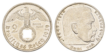 Германия 2 рейхсмарки 1939 A, Пауль фон Гинденбург (1847-1934) KM 93, J. 366 серебро 633-812