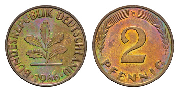 ФРГ 2 пфеннига 1966 F KM 106, J. 381 бронза 4124-948