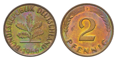 ФРГ 2 пфеннига 1966 F KM 106, J. 381 бронза 4124-948