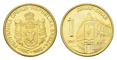 Сербия 1 динар 2005 KM 39 никель латунь UNC 4689-1014