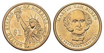 США 1 доллар 2008 P, Президент США - Мартин Ван Бюрен (1837-1841) KM 429 медь с марганцево-латунным покрытием UNC 4698-1052