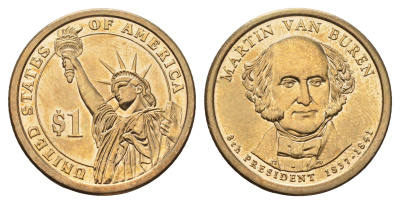 США 1 доллар 2008 P, Президент США - Мартин Ван Бюрен (1837-1841) KM 429 медь с марганцево-латунным покрытием UNC 4698-1052