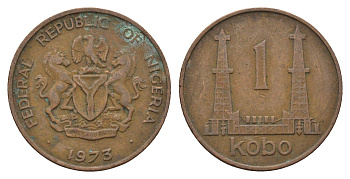Нигерия 1 кобо 1973 нефтяные вышки KM 8.1 бронза 4700-1222