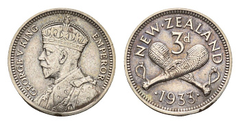 Новая Зеландия 3 пенса 1933 Георг V (1910-1936) KM 1 серебро 39-1163