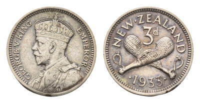 Новая Зеландия 3 пенса 1933 Георг V (1910-1936) KM 1 серебро 39-1163