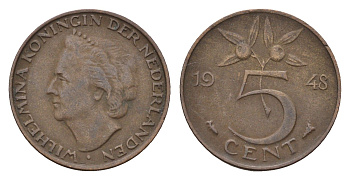Нидерланды 5 центов 1948 Вильгельмина I (1890-1948) KM 176 бронза 4685-112