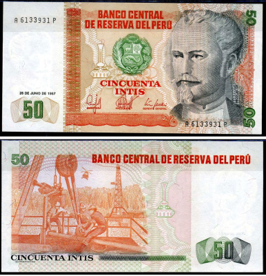 Перу 50 инти 1987 Николас де Пьерола, президент Pick 131 b бумага UNC (пресс) 7183-40-1-2