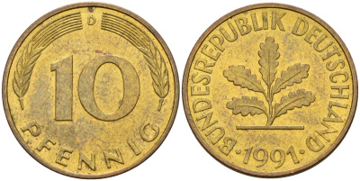 ФРГ 10 пфеннигов 1991 D KM 108, J. 383 сталь плакированная латунью 4175-733