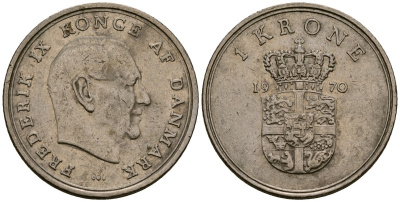 Дания 1 крона 1970 Фредерик IX (1947-1972) KM 852 медно-никель 4176-517