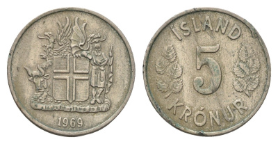 Исландия 5 крон 1969 KM 18 медно-никель 4685-1026