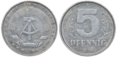 ГДР 5 пфеннигов 1972 A KM 9.1 алюминий 62-246