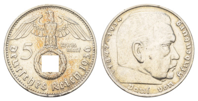 Германия 5 рейхсмарок 1936 F, Пауль фон Гинденбург (1847-1934) KM 94, J. 367 серебро 1518-924
